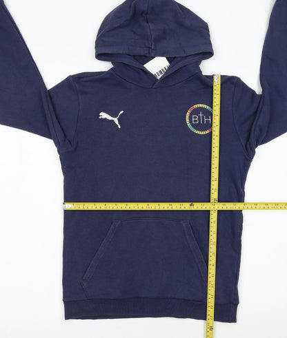 Back view of Puma boys’ blue pullover hoodie 13-14 years regular fit logo cotton blend