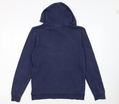 Close-up detail of Puma boys’ blue pullover hoodie 13-14 years regular fit logo cotton blend