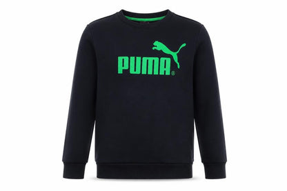 Front view of Puma boys’ black crew neck pullover sweatshirt, size 12, years logo print