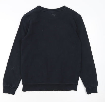 Close-up detail of Puma boys’ black crew neck pullover sweatshirt, size 12, years logo print