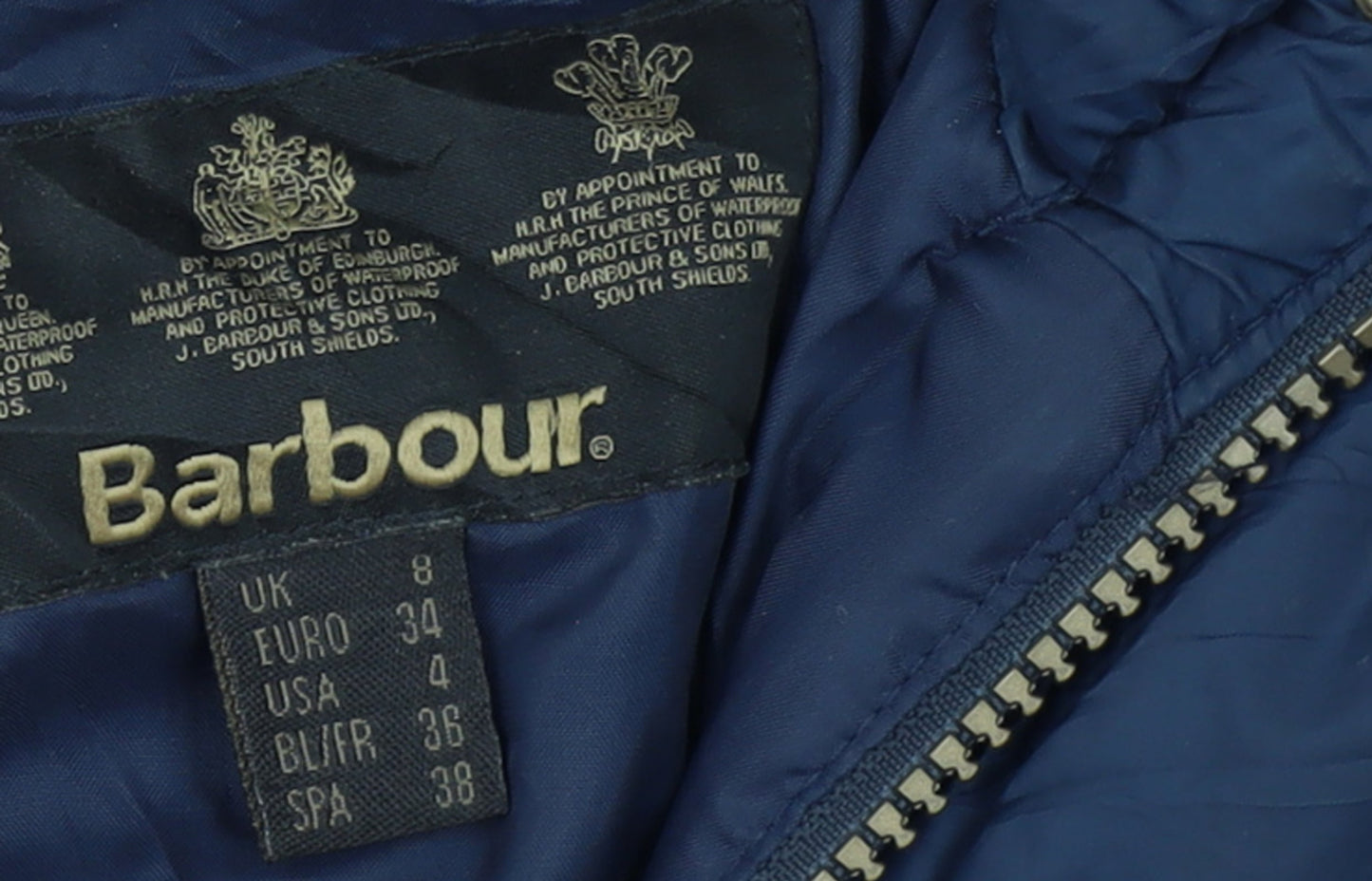 Barbour Women's Blue Long Hooded Puffer Coat Size 8 Faux Fur Trim