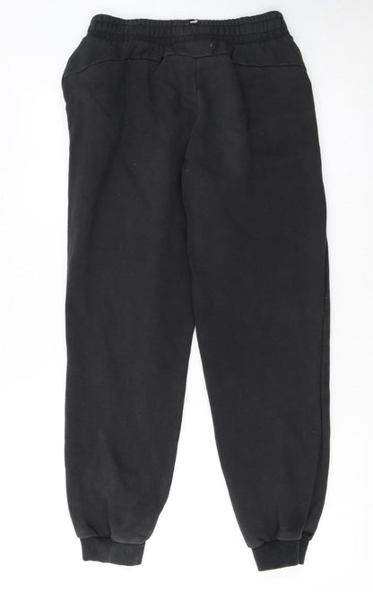Close-up detail of Puma boys’ black jogger sweatpants xl 15-16 years elastic waist logo