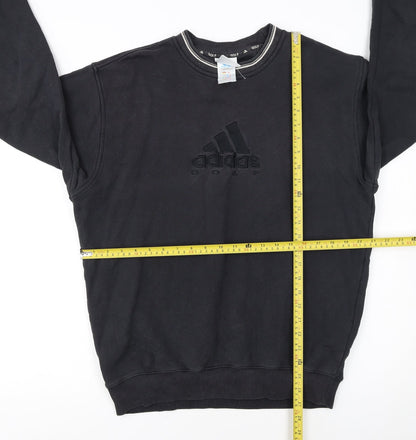 Back view of adidas boys’ black golf pullover sweatshirt, size L, crew neck embroidered logo