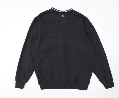 Close-up detail of adidas boys’ black golf pullover sweatshirt, size L, crew neck embroidered logo