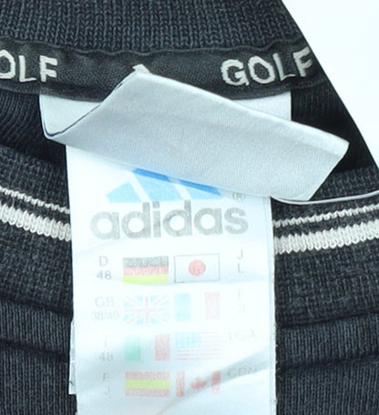 Brand and care label for adidas boys’ black golf pullover sweatshirt, size L, crew neck embroidered logo