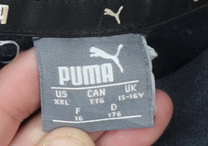Brand and care label for Puma boys’ black hoodie 15-16 years pullover fleece logo sweatshirt