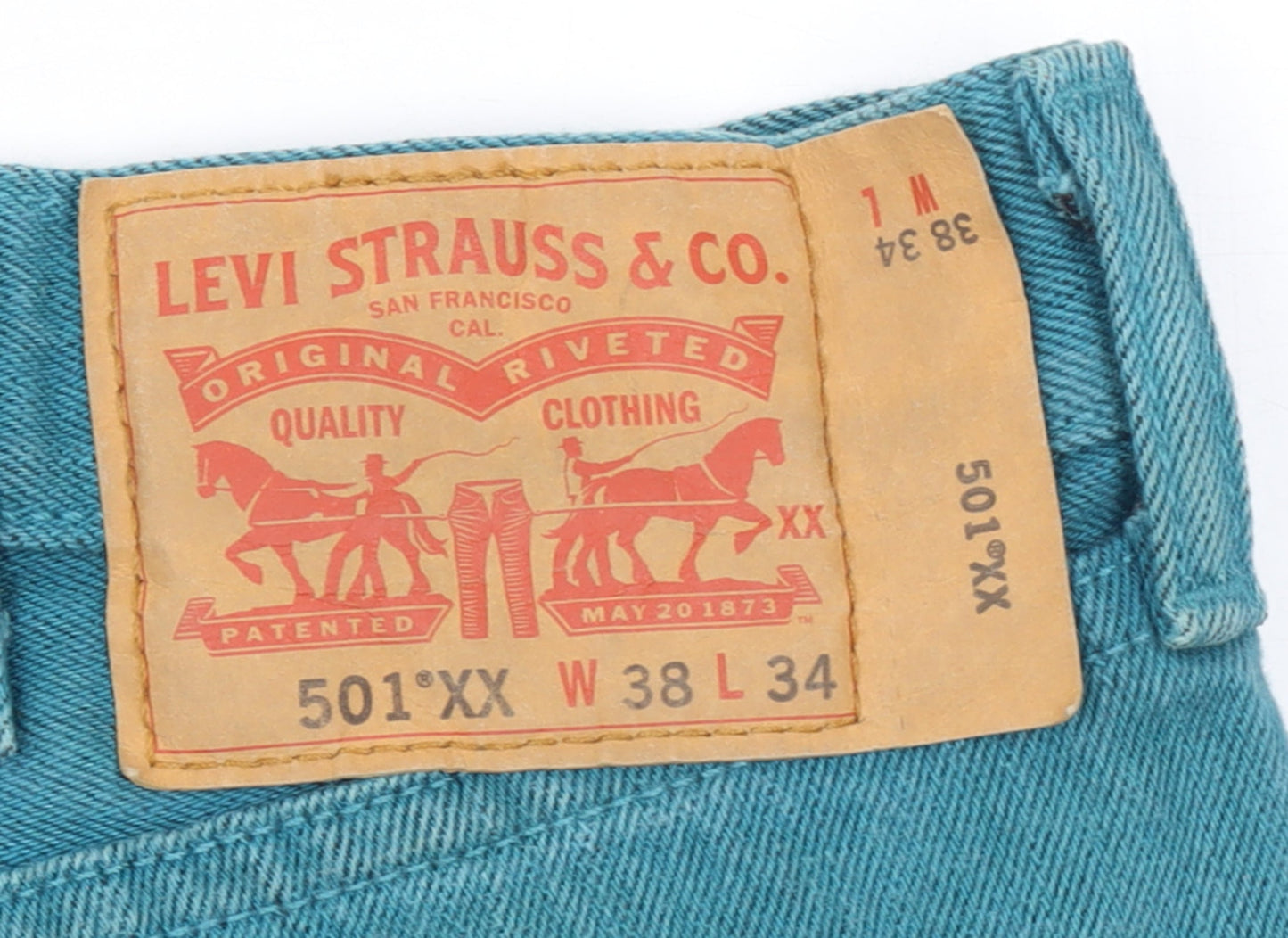Levi's 501XX Men's Teal Blue Straight Denim Jeans W38 L34 Classic Fit