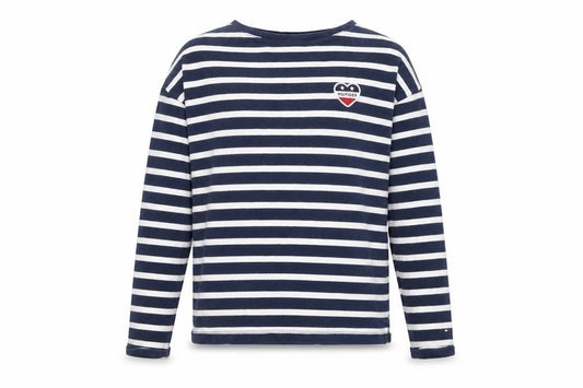Front view of Tommy Hilfiger girls’ navy & white striped pullover sweatshirt, size 152