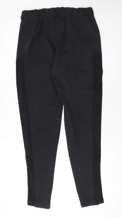 Close-up detail of Adidas women’s black jogger trousers, size S, regular fit