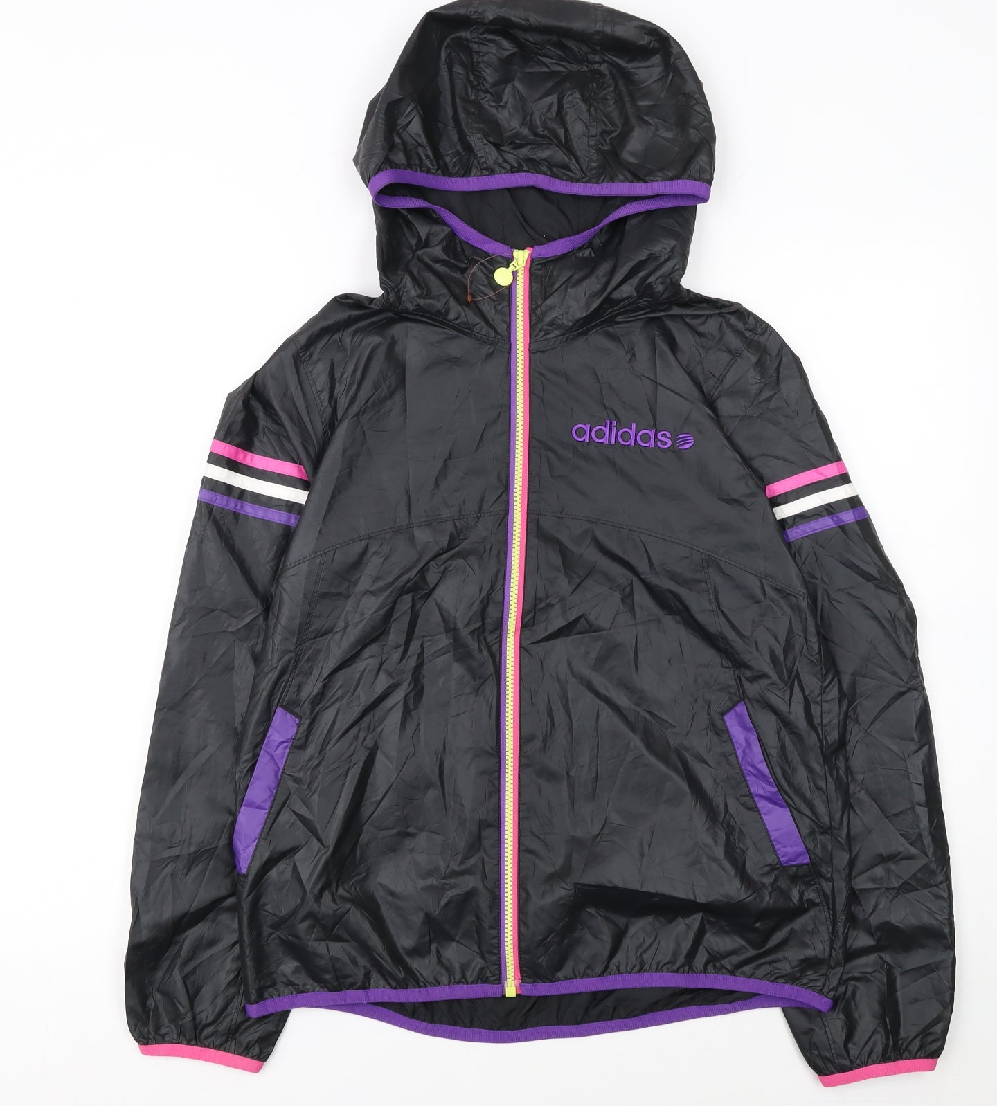 Adidas Girls Black Windbreaker Activewear Jacket L Hooded Zip Lightweight