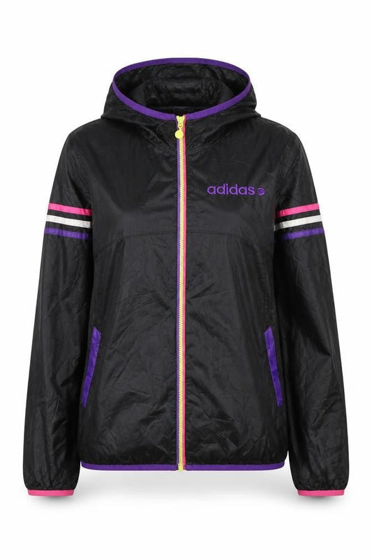 Front view of Adidas girls’ black windbreaker activewear jacket l hooded zip lightweight