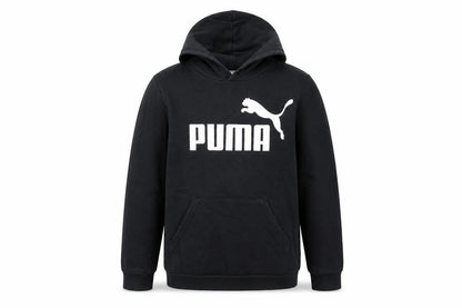 Front view of Puma boys’ black pullover hoodie 13-14 years logo graphic fleece sweatshirt