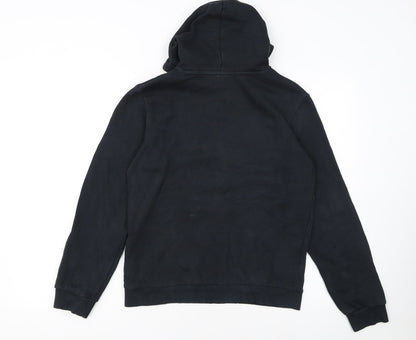 Close-up detail of Puma boys’ black pullover hoodie 13-14 years logo graphic fleece sweatshirt