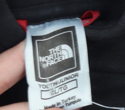 Brand and care label for The North Face boys’ black l pullover fleece hoodie graphic print