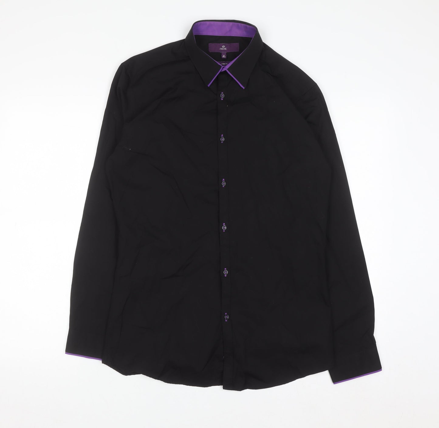 Next Men's Black Slim Fit Cotton Long Sleeve Button-Up Shirt 15in 38cm