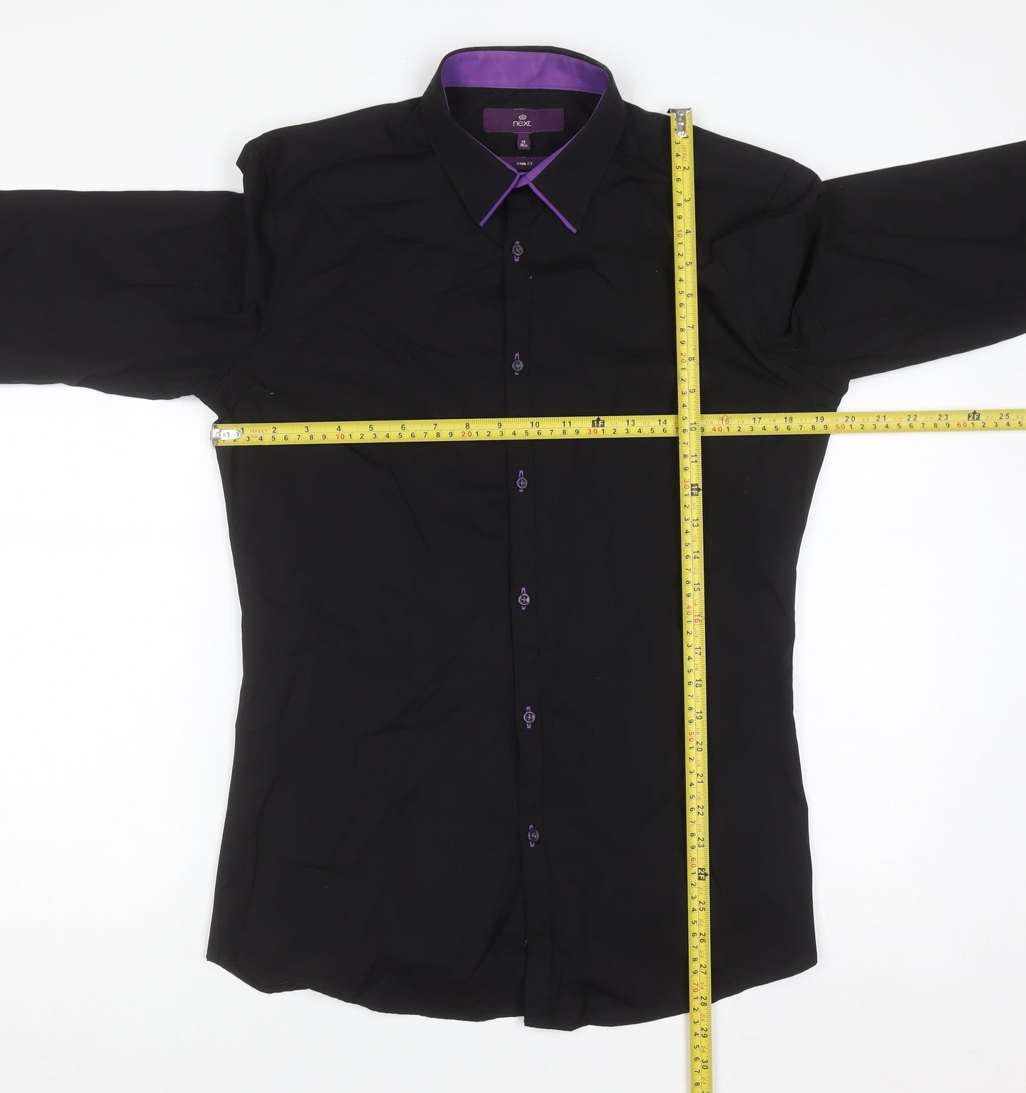 Next Men's Black Slim Fit Cotton Long Sleeve Button-Up Shirt 15in 38cm
