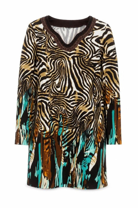 adagatti Women’s Multicoloured Animal Print Beaded V-Neck Shift Dress M