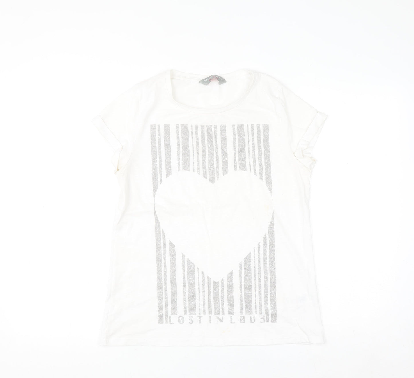 Dorothy Perkins Women White Glitter Heart Graphic T-Shirt Size 12