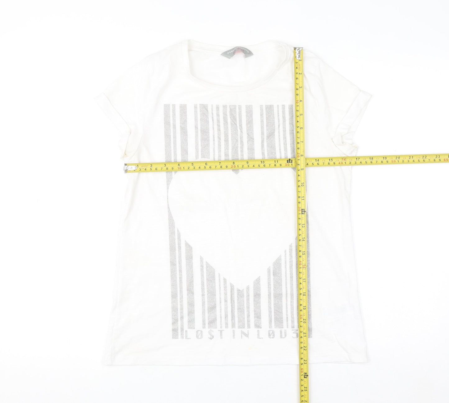 Dorothy Perkins Women White Glitter Heart Graphic T-Shirt Size 12