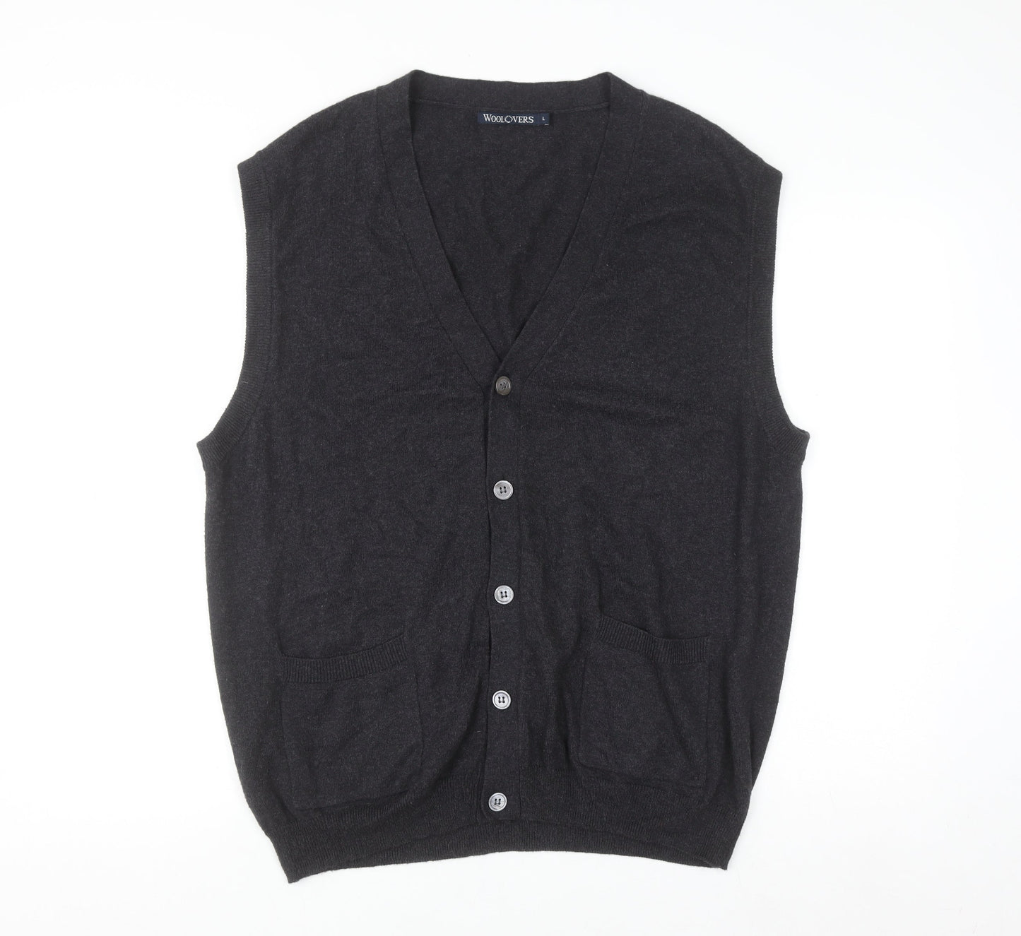 Woolovers Mens Black Wool Cashmere Sleeveless Button Cardigan L