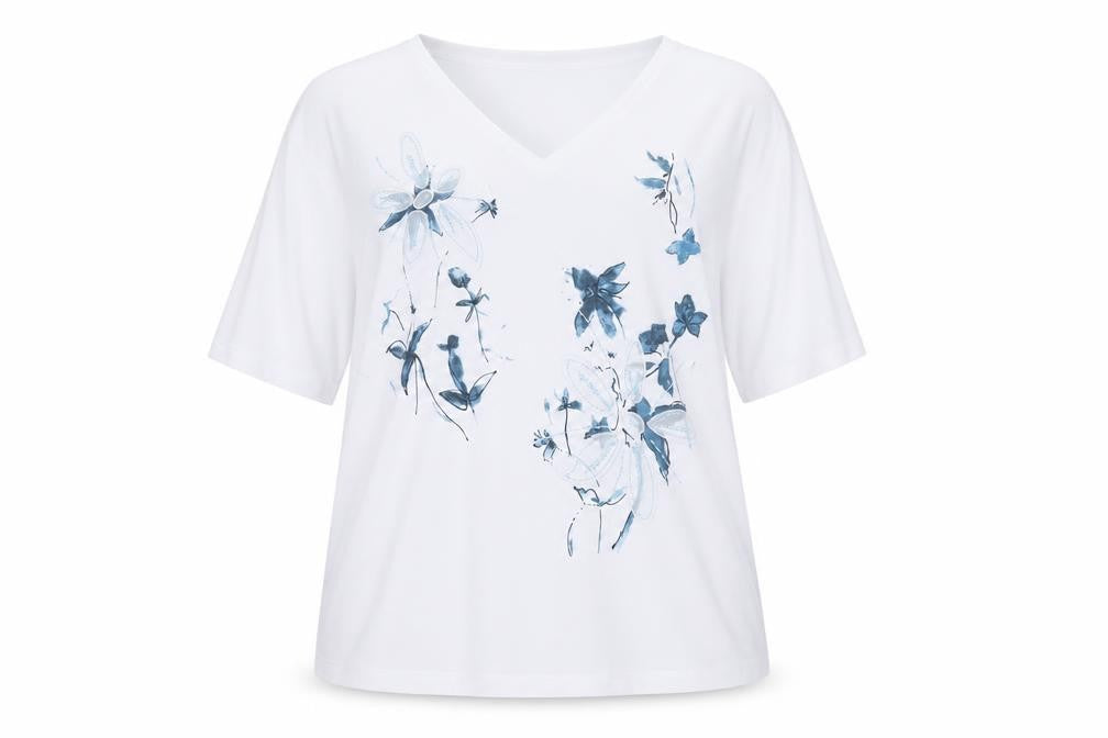 Lilly May Women’s White Floral Embroidered V-Neck Short Sleeve T-Shirt XL