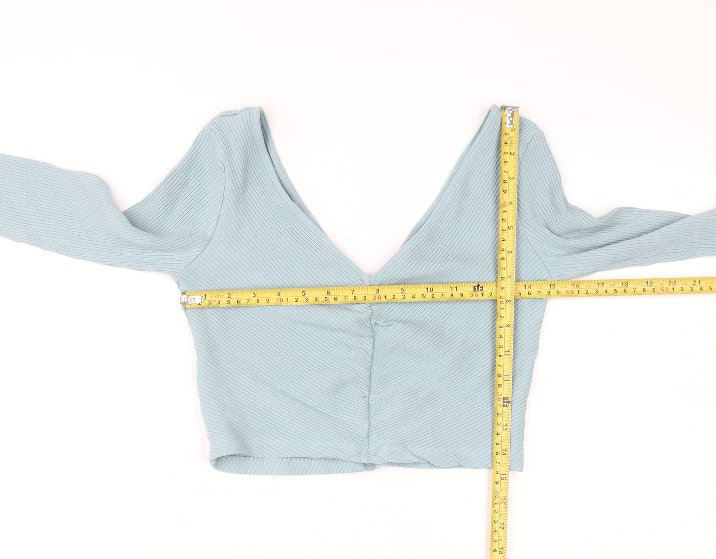 H&M Women Blue Ribbed Long Sleeve Cropped V-Neck Top Size M