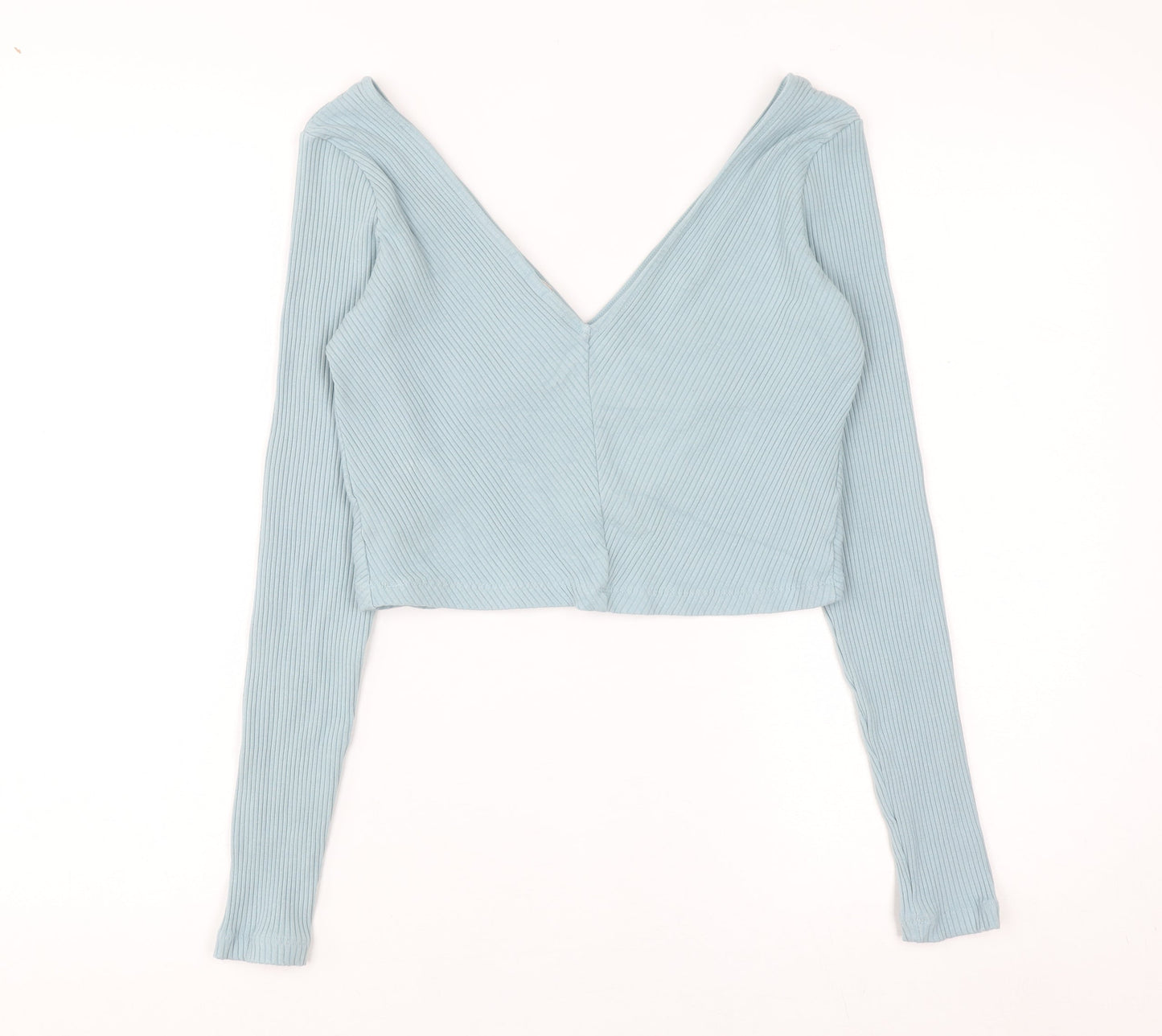 H&M Women Blue Ribbed Long Sleeve Cropped V-Neck Top Size M
