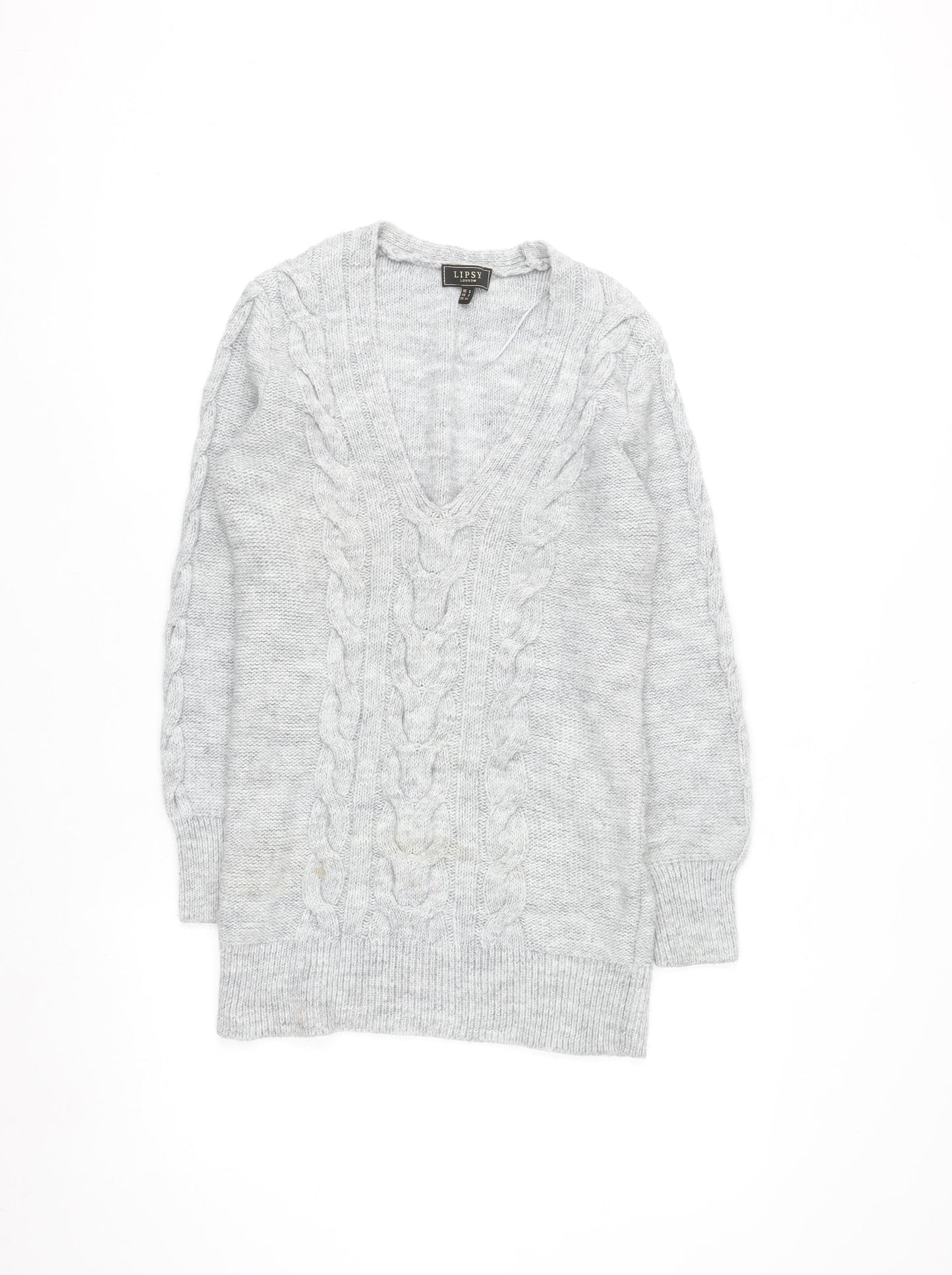 Lipsy Women’s Grey Cable-Knit V-Neck Jumper Size 6