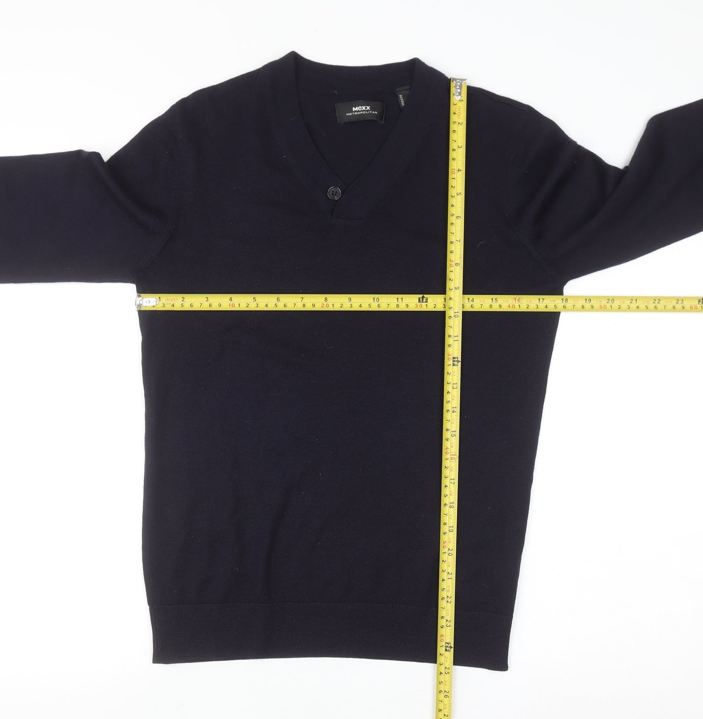 Mexx Men’s Navy Blue V-Neck Merino Wool Blend Pullover Jumper Size S