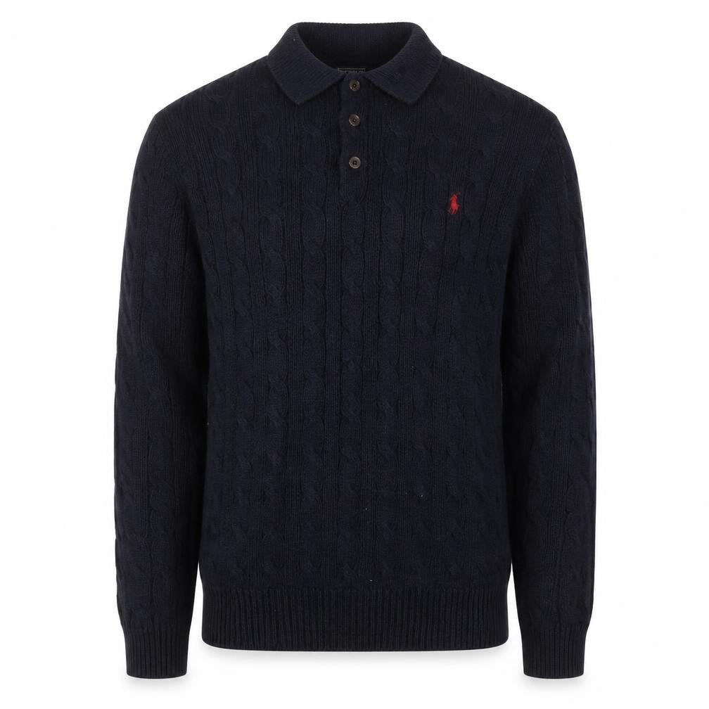 Ralph Lauren Men's Blue XL Cable-Knit Cotton Collared Jumper
