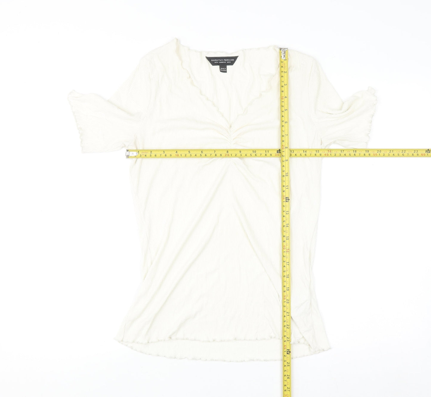 Dorothy Perkins Women Ivory Short Sleeve V-Neck Stretch Jersey Top Size 16