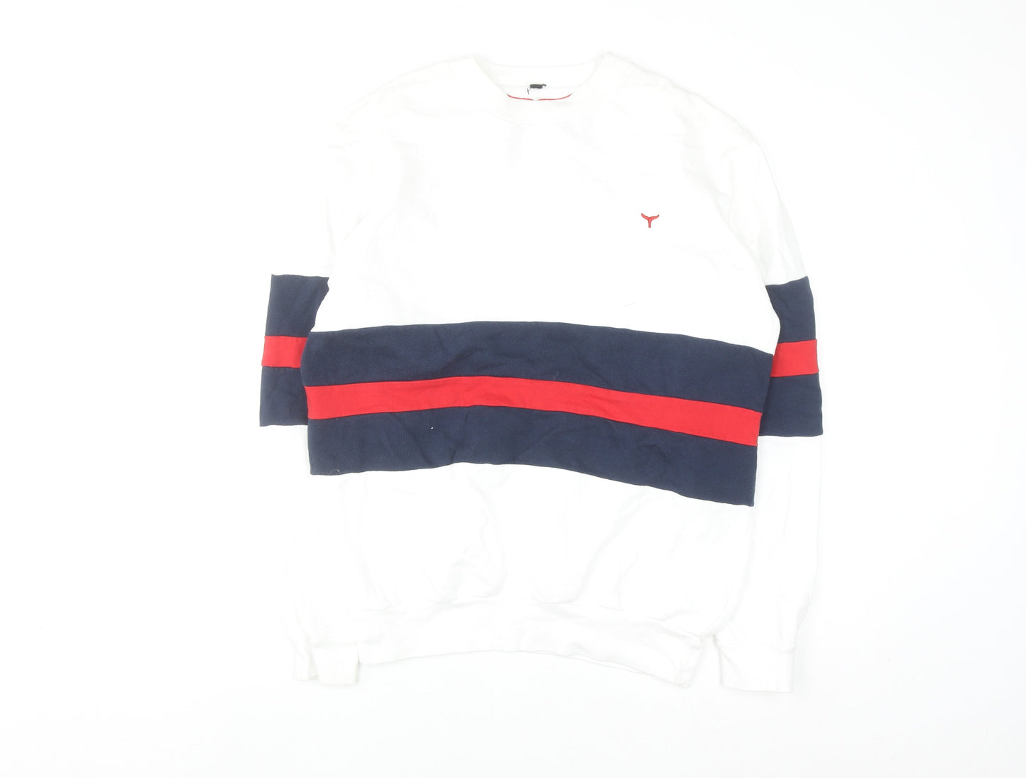 Whale of a Time Men White Navy Red Stripe Cotton Crew Sweatshirt L