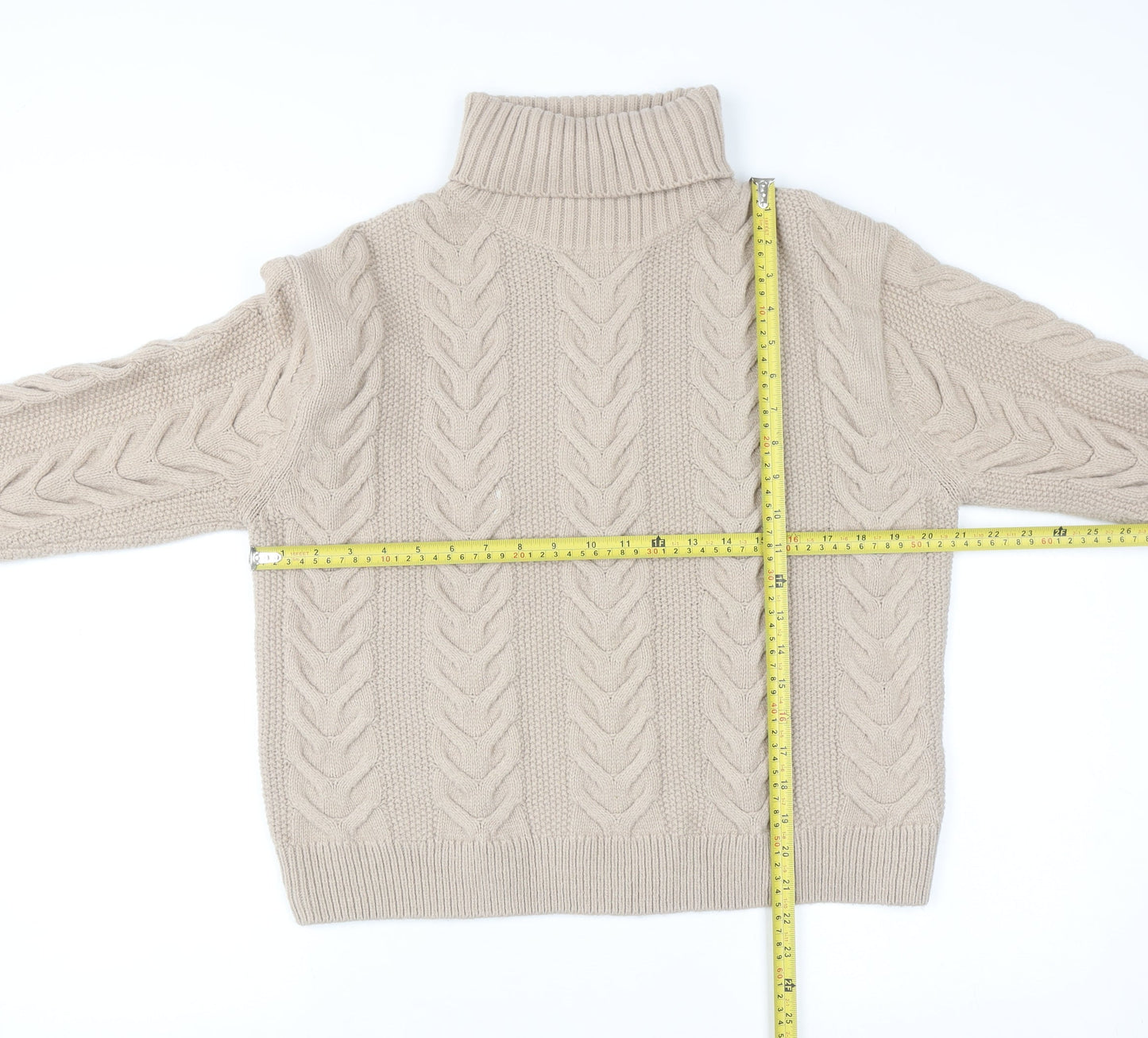 Marks and Spencer Women Beige Cable-Knit Roll Neck Jumper M