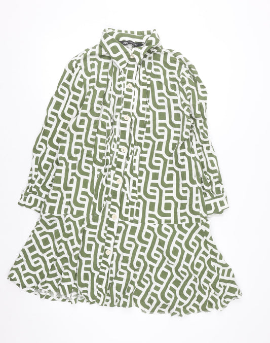 Zara Women Green Geometric Linen Shirt Dress XL
