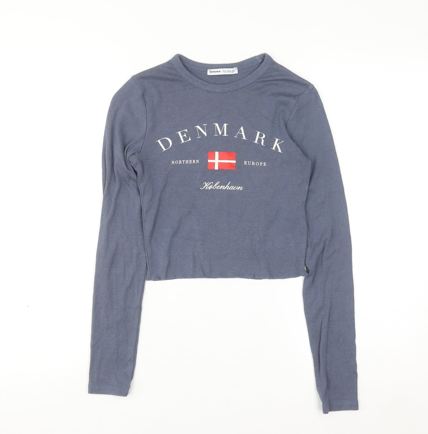 Bershka Women Blue Cropped Long Sleeve Crew Neck Denmark Graphic T-Shirt S