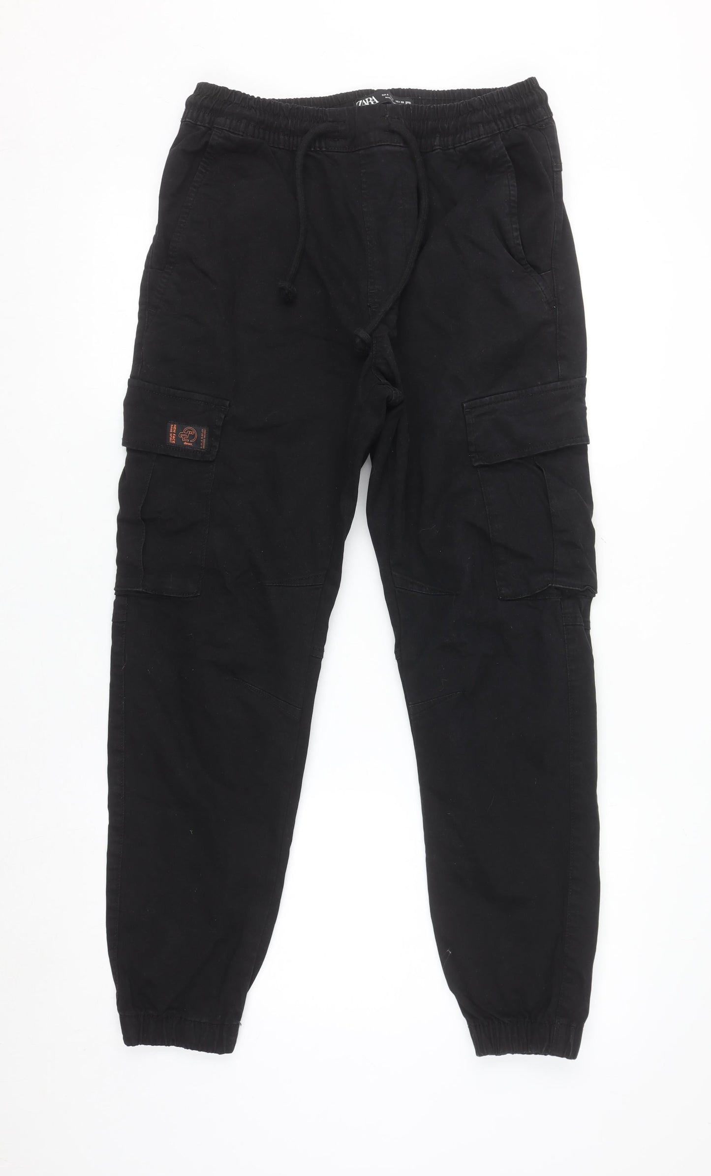 Zara Men's Black Cargo Jogger Trousers Size S Elastic Waist Comfort Cotton