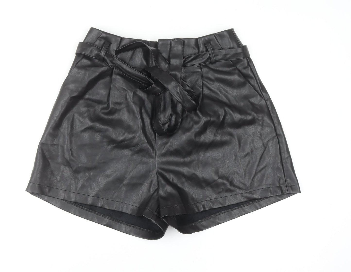 Aaron & Amber Womens Black Faux Leather Paperbag Shorts M