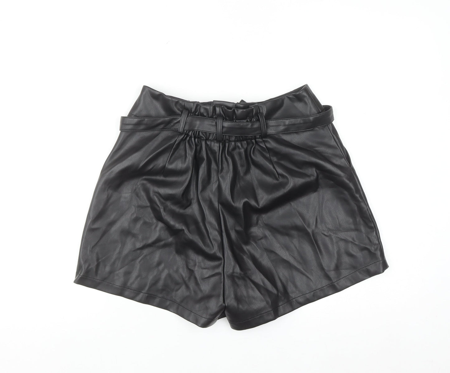 Aaron & Amber Womens Black Faux Leather Paperbag Shorts M