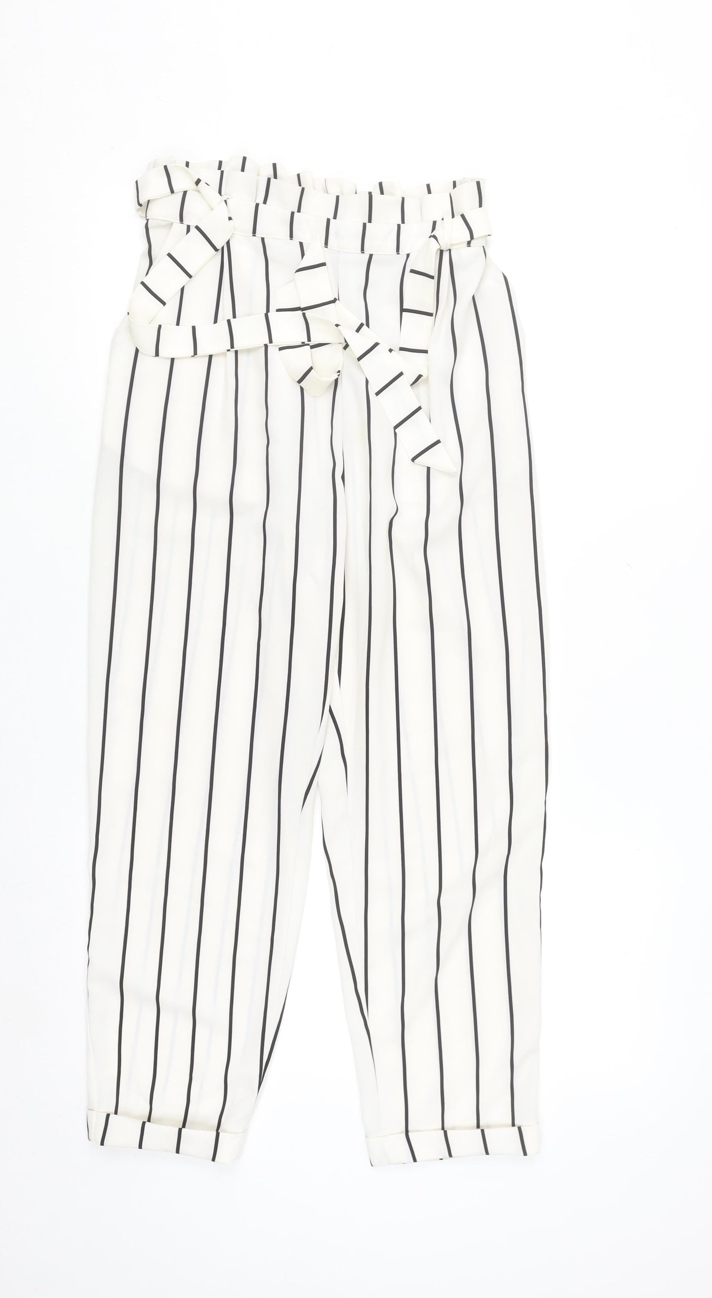Pull & Bear Womens White Striped Paperbag Trousers Size 12