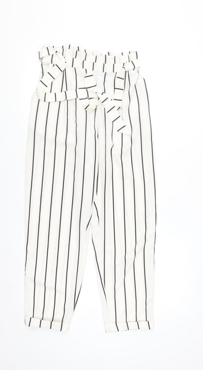 Pull&Bear Womens White Striped Paperbag Trousers Size 12