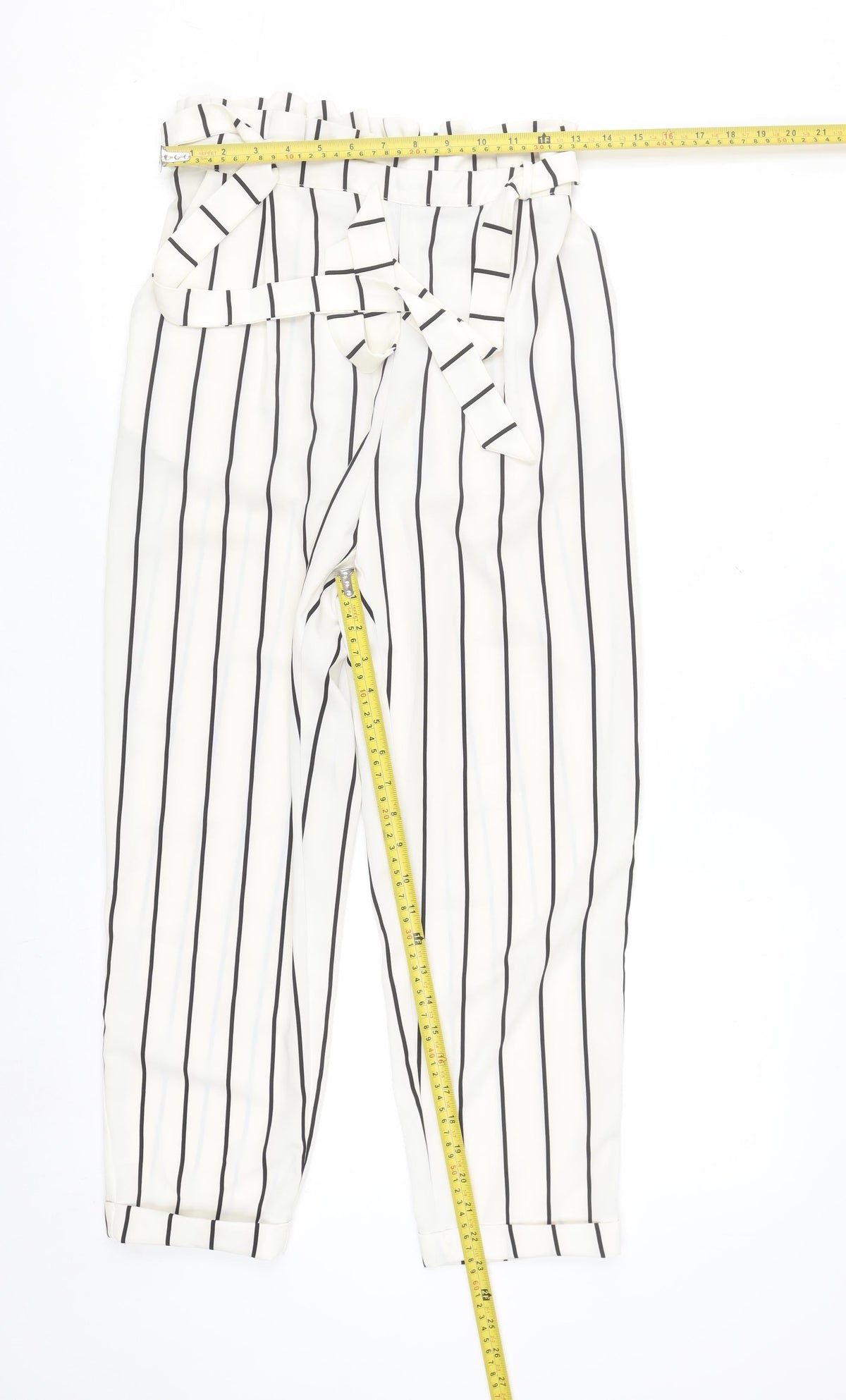 Pull & Bear Womens White Striped Paperbag Trousers Size 12