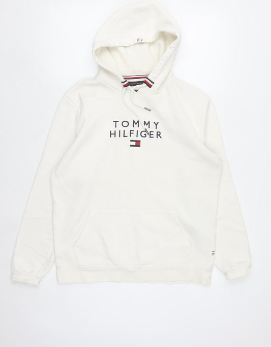 Tommy Hilfiger Men's White Pullover Hoodie M Logo Fleece