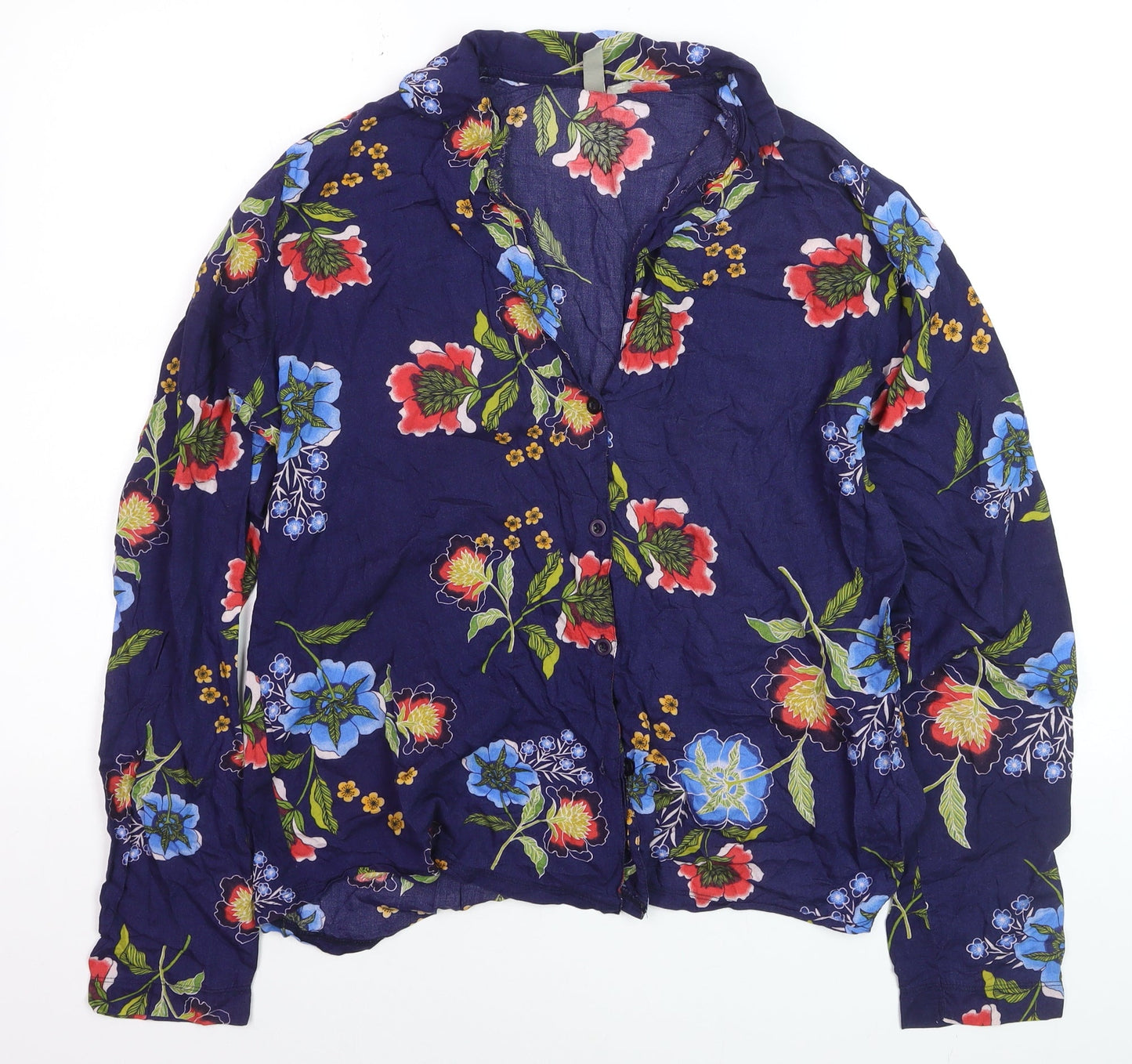 ASOS Women Blue Floral Long Sleeve Button-Up Viscose Shirt Size 10
