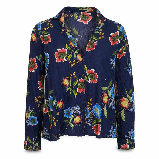 Front view of ASOS Women Blue Floral Long Sleeve Button-Up Viscose Shirt, size 10