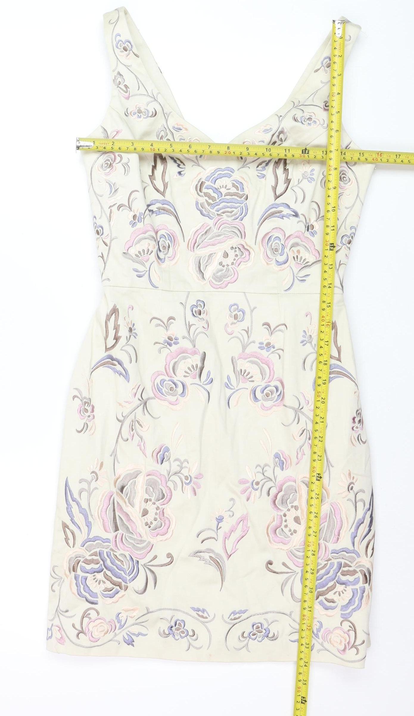 Warehouse Women Beige Floral Embroidered Bodycon Dress Size 10