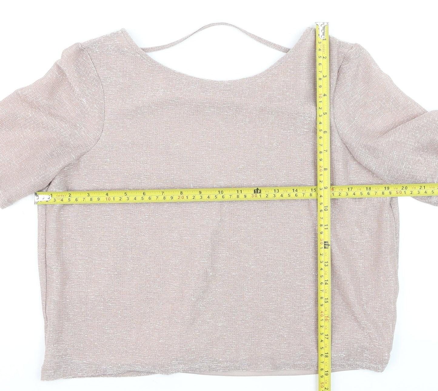 River Island Women Beige Cropped V-Neck Short Sleeve Top Size 8