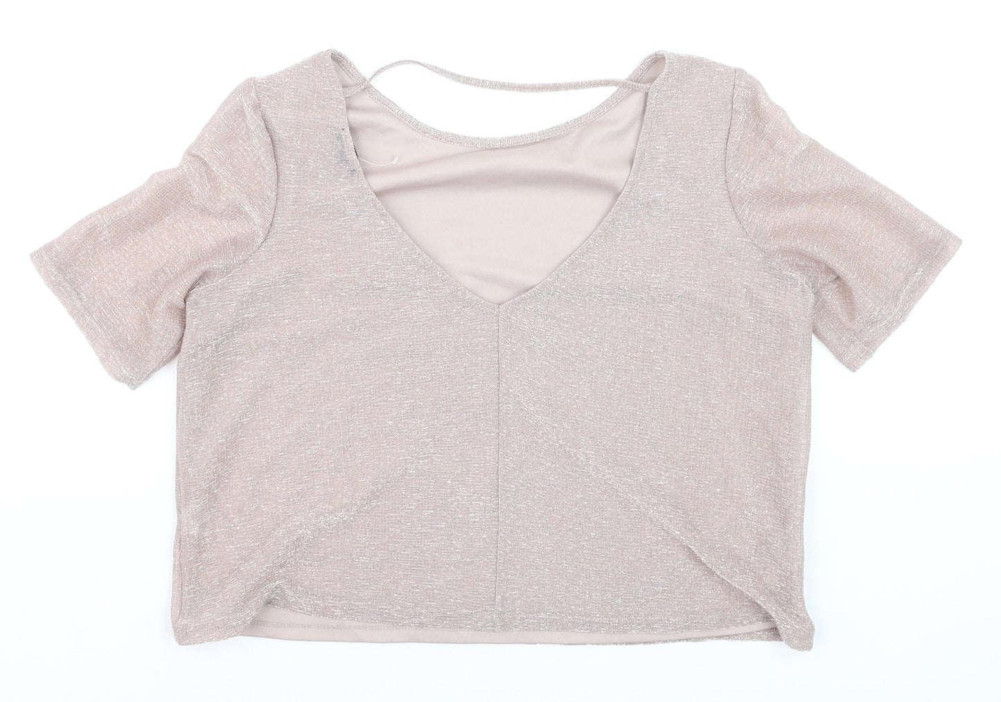 River Island Women Beige Cropped V-Neck Short Sleeve Top Size 8
