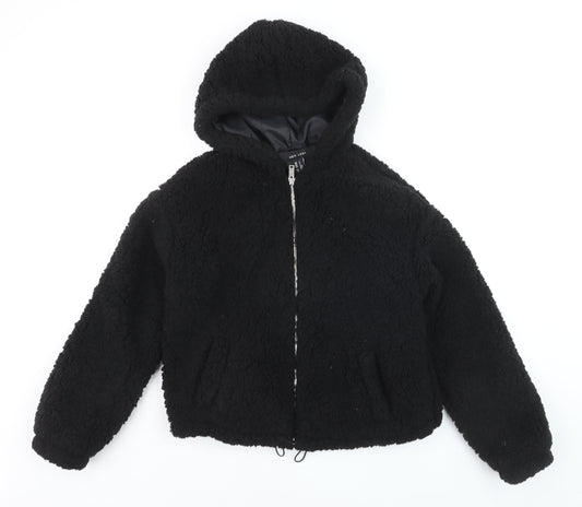 New Look Women's Black Hooded Teddy Fleece Short Puffer Jacket Size S