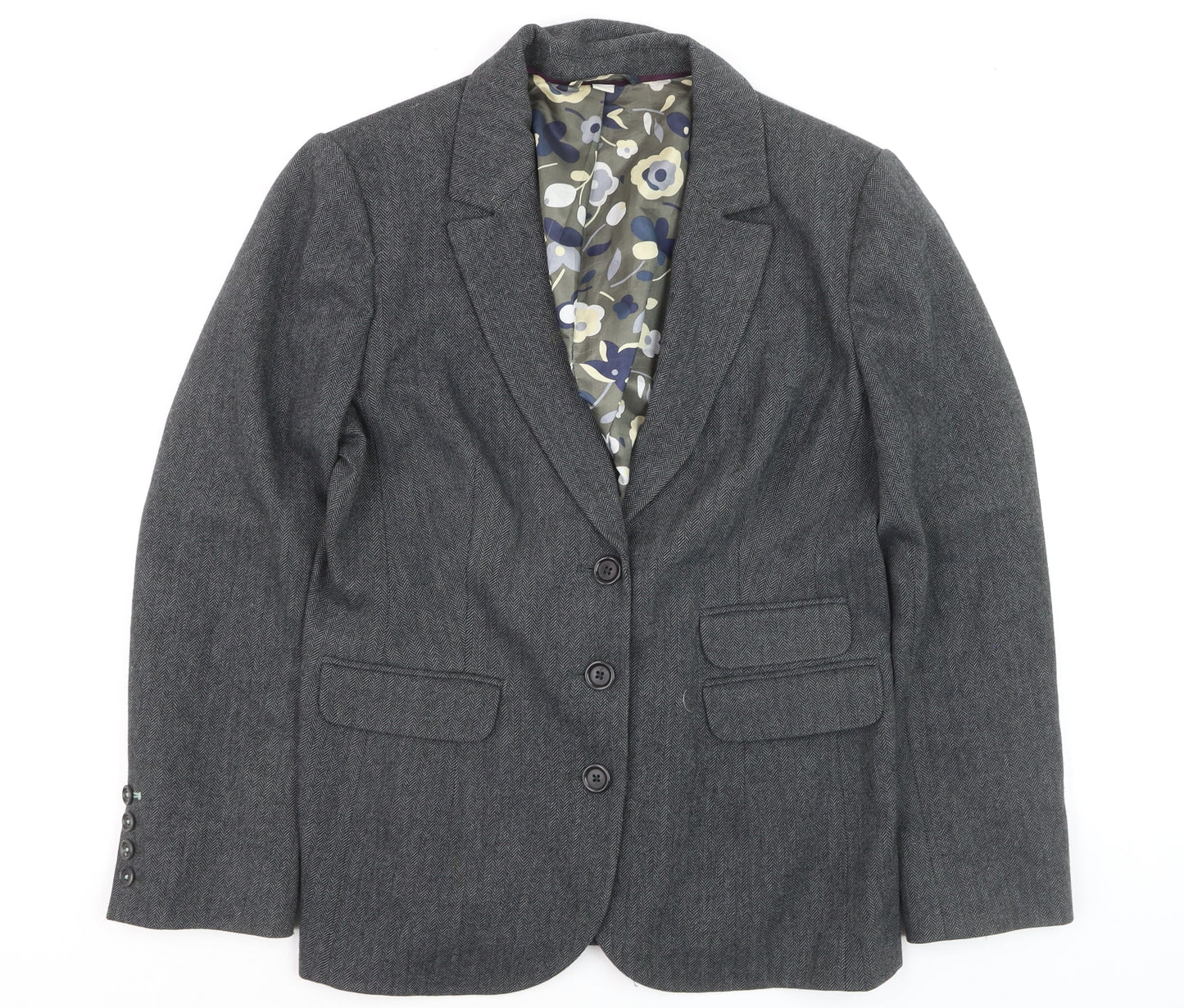 Boden Women Grey Wool Blend Herringbone Blazer Jacket UK 10