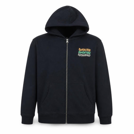 Quiksilver Boys Black Full Zip Hoodie Size 12 Cotton Blend Adventure Graphic